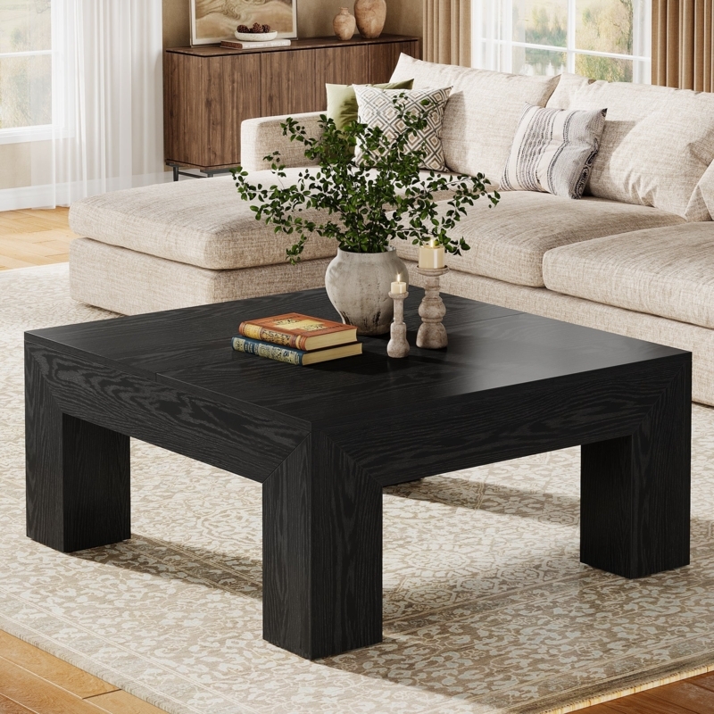 Coffee Table Chunky Block Legs Textured Wood Grain Mitered Joints