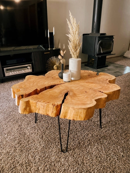 Coffee Table: Cross Cut Cedar Slab with Organic Voids