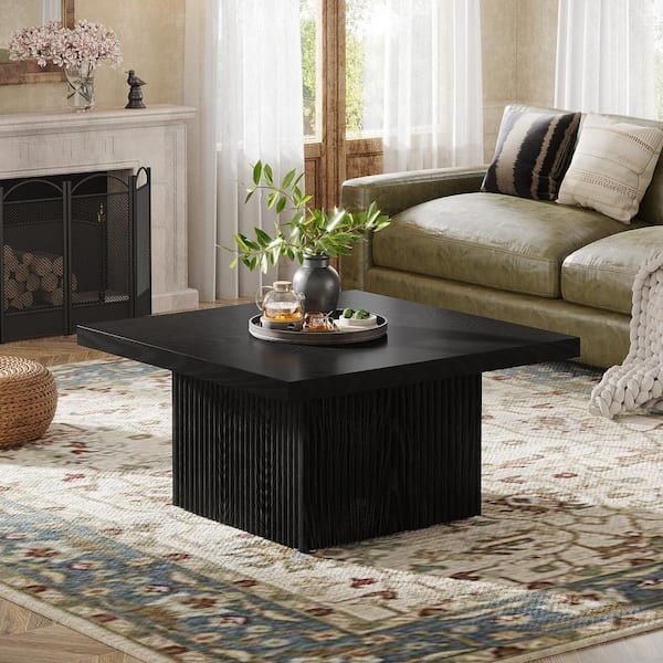 Coffee Table Fluted Pedestal Base Square Matte Black Contemporary