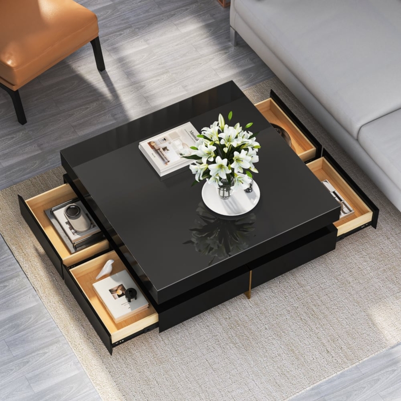 Coffee Table Four Integrated Drawers Glossy Glass Top Metal Pedestal