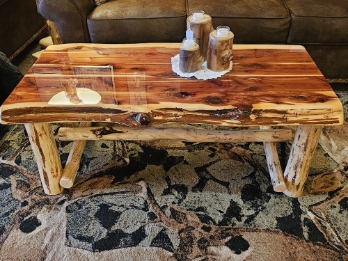 Coffee Table: High Gloss Live Edge Cedar Trestle Base