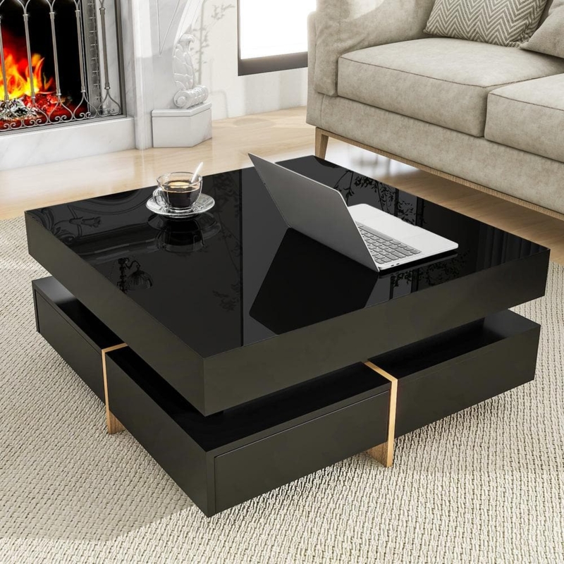 Coffee Table High Gloss Tiered Design Four Drawers Reflective Black