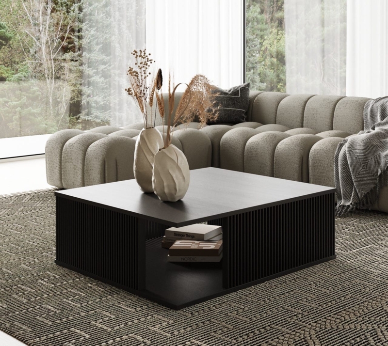 Coffee Table Louvered Sides Double Tier Matte Black Ash Slatted