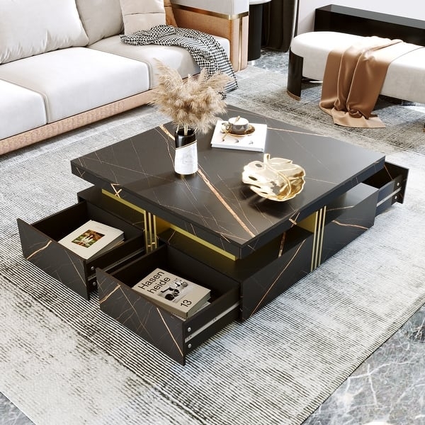 Coffee Table Marbled Pattern Gold Accents Tiered Storage Matte Black