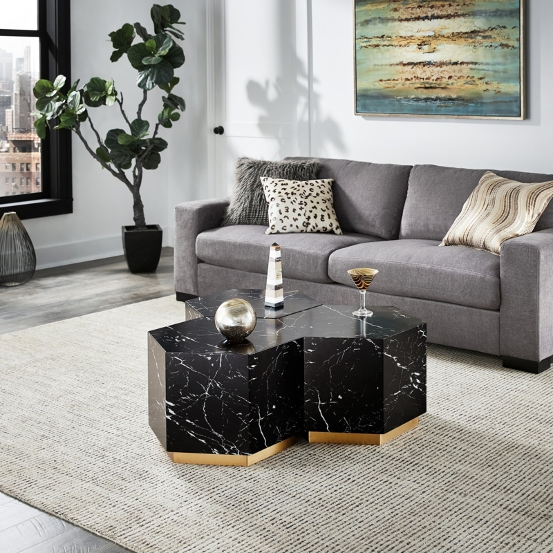 Coffee Table Modular Hexagon Black Marble Gold Plinth Base Glam Set.