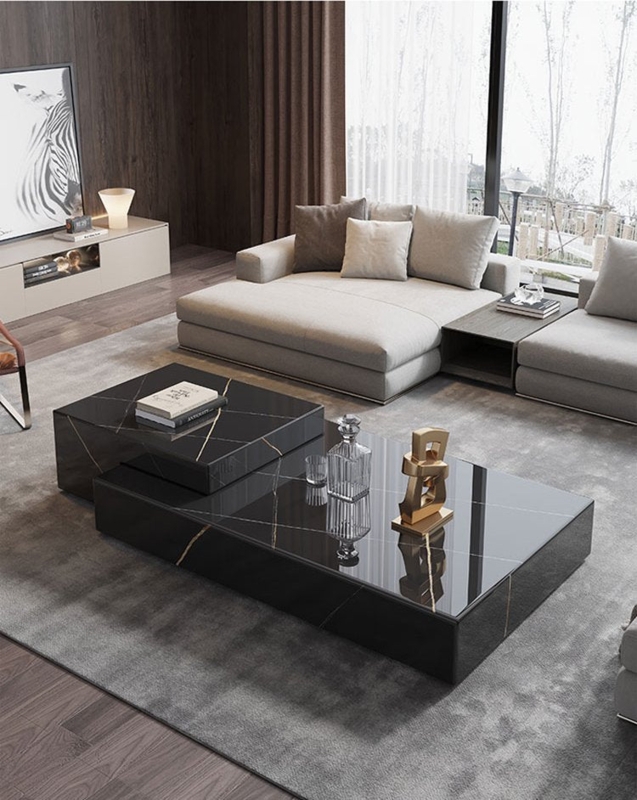 Coffee Table Multi-Level Staggered High Gloss Black Marble Gold Veining.