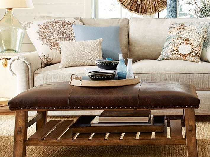 Coffee Table Ottoman Rectangular Leather Like Top with Slatted Shelf