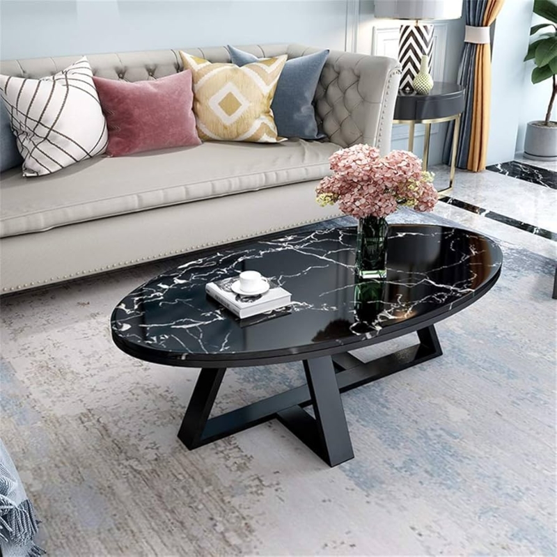 Coffee Table Oval Black Marble Geometric Black Metal Cross-Base.
