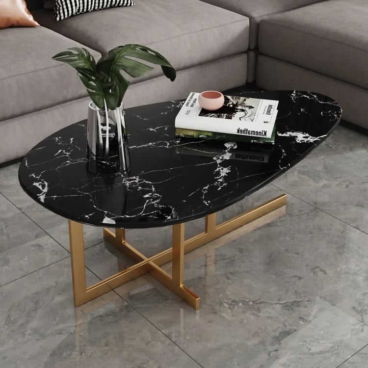 Coffee Table Oval Black Marble Top Gold X-Shaped Cross-Base Glam.