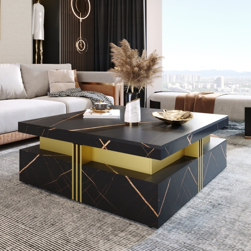 Coffee Table Recessed Gold Middle Tier Geometric Profile Marble Look