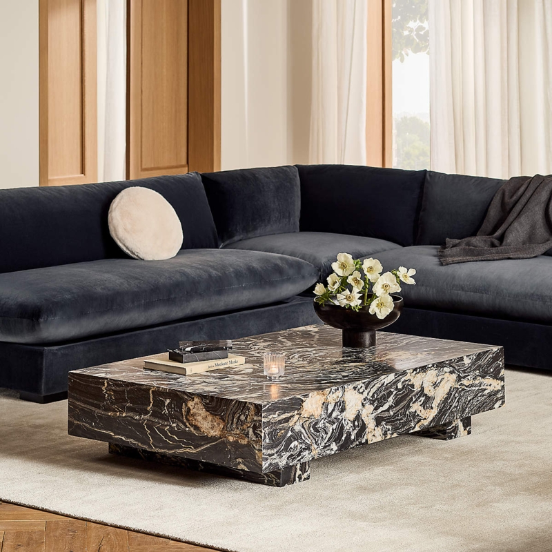 Coffee Table Rectangular Black Marble Block Dramatic Veining Modern.