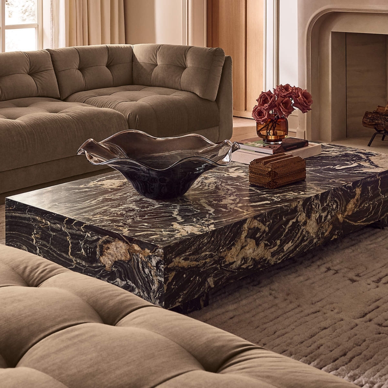 Coffee Table Rectangular Plinth Black Marble High Contrast Veining.