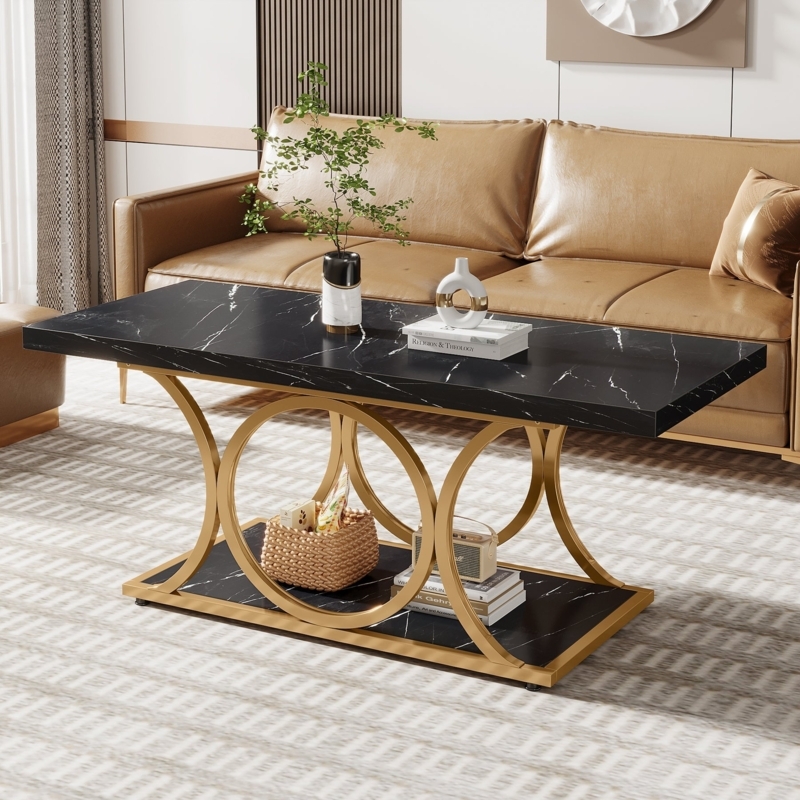 Coffee Table Rectangular Two-Tier Black Marble Gold Interlocking Circles.