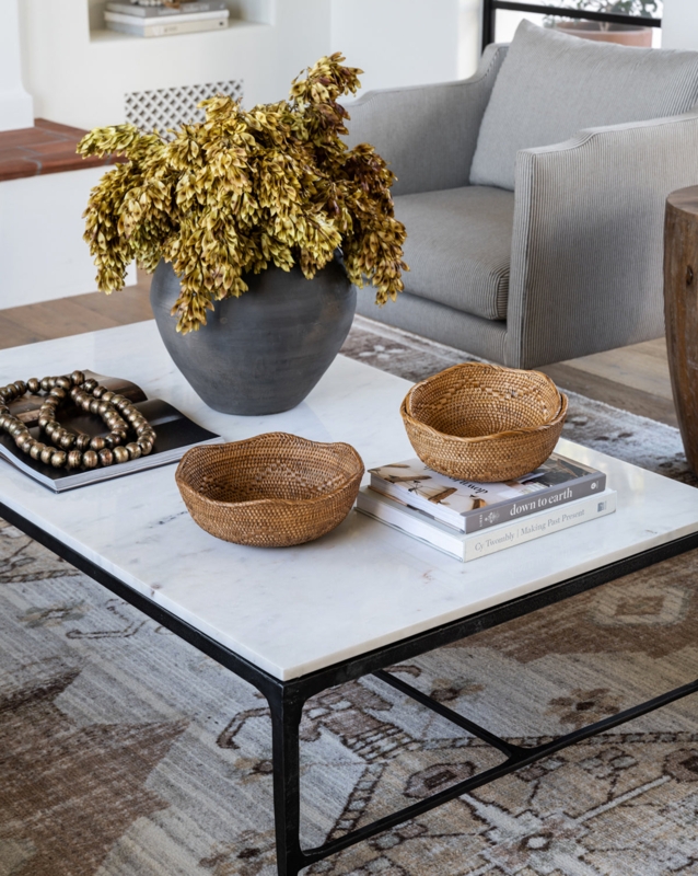 Coffee Table Rectangular White Stone Matte Black Metal Cross-Brace Base.