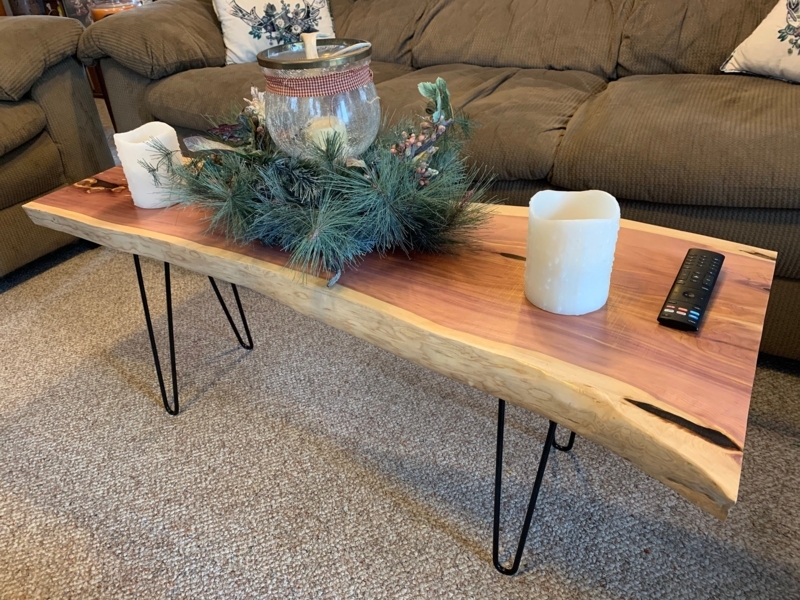 Coffee Table: Reddish Pink Cedar Live Edge on Hairpin Legs