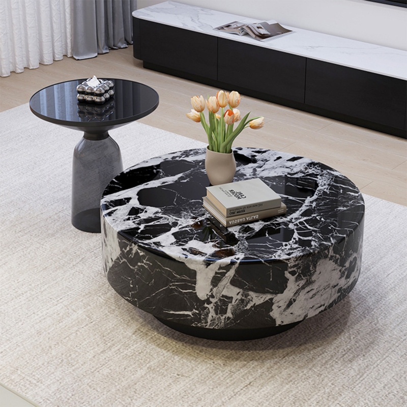 Coffee Table Round Black Marble Heavy Veining Low Profile Pedestal.