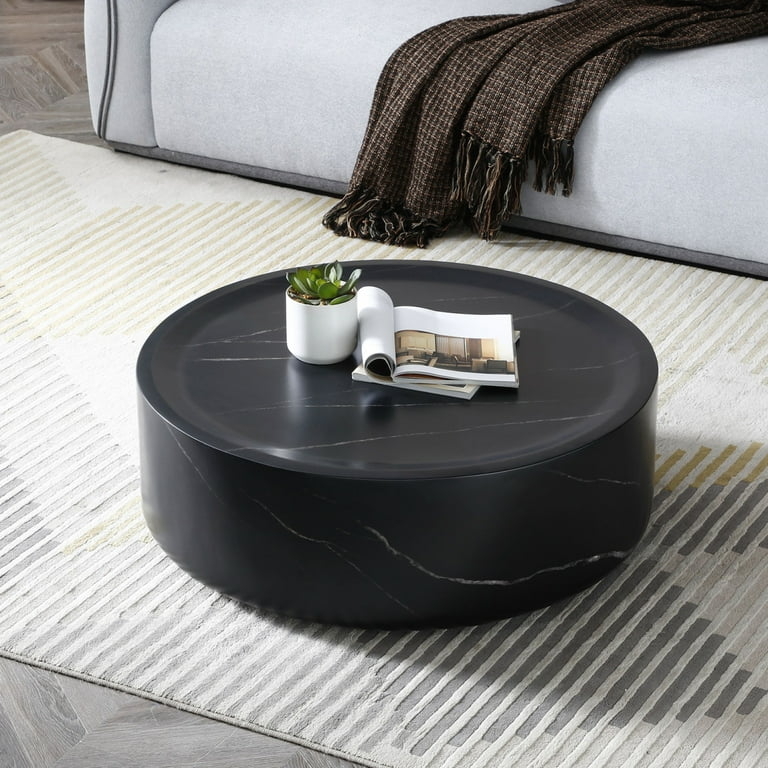 Coffee Table Round Drum Matte Black Fiberglass Marble Texture Recessed.