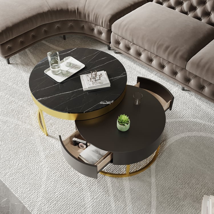Coffee Table Round Nesting Set Black Marble Veneer Gold Base Storage.