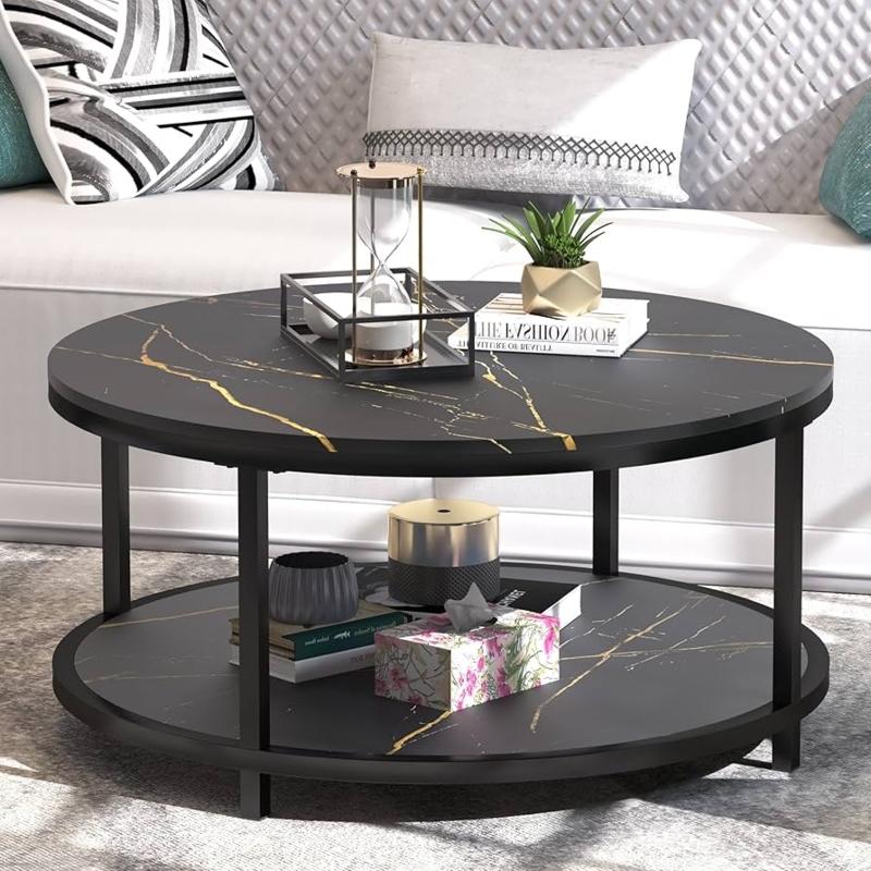 Coffee Table Round Two-Tier Black Marble Gold Veining Matte Metal Storage.