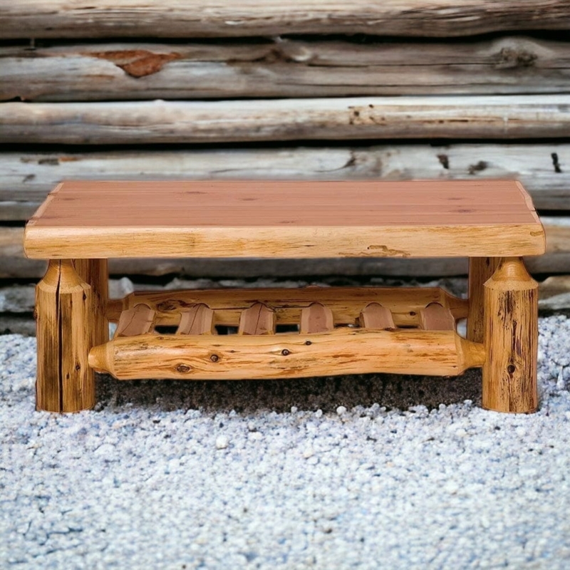 Coffee Table: Rustic Cedar Log with Slatted Storage Shelf