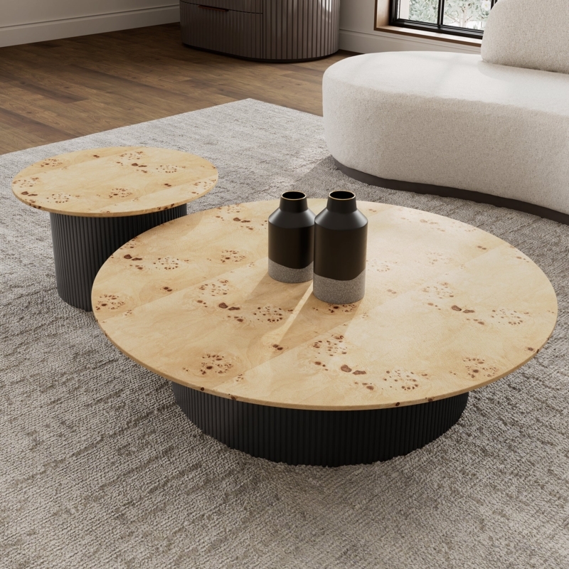Coffee Table Set Fluted Base Nesting Birch Veneer Round Burl