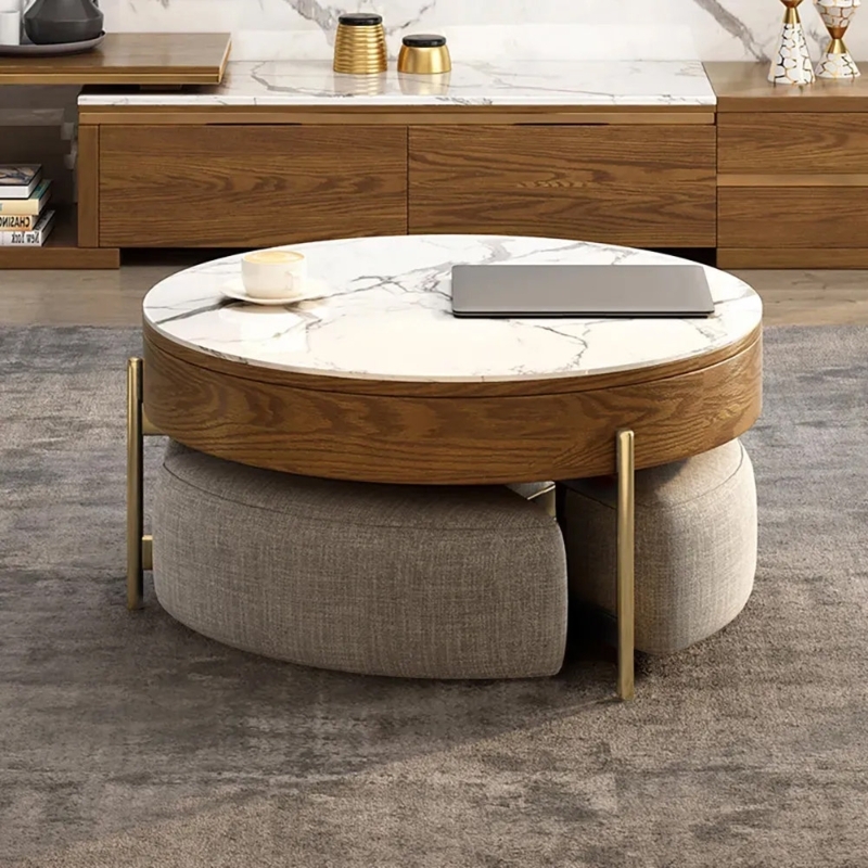 Coffee Table Set Round Lift Top Marble Wood Mix and Nesting Ottomans