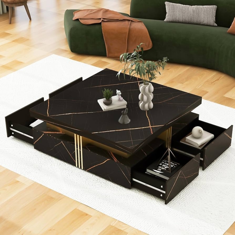 Coffee Table Square Black Marble Four Drawers Gold Vertical Slats Storage.