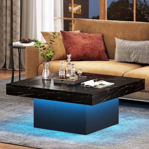 Coffee Table Square Floating Black Faux Marble LED Lighting Base.
