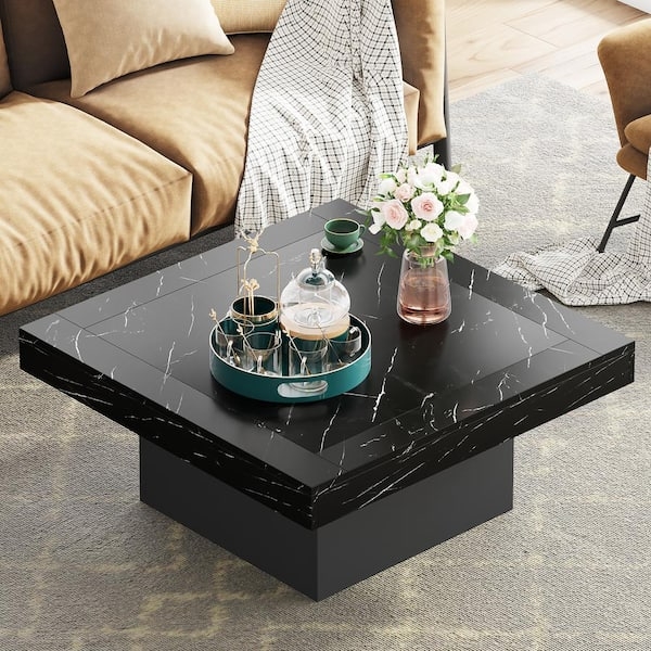 Coffee Table Square Pedestal Black Faux Marble Thick Apron Edge.