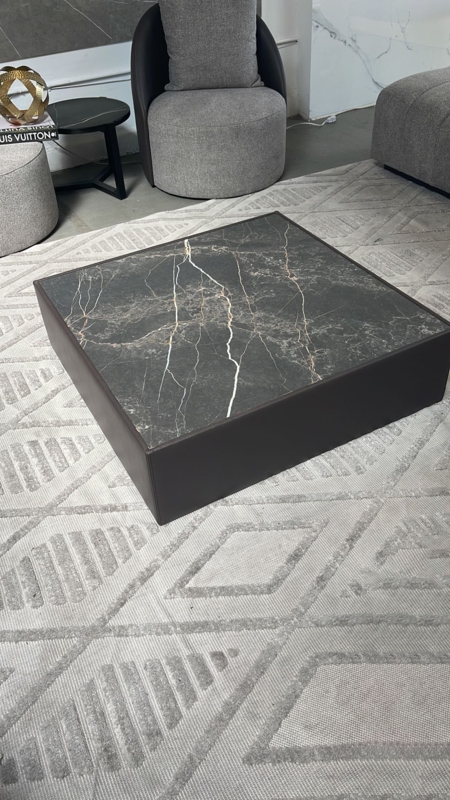 Coffee Table Square Plinth Black Marble Top Leather-Like Base Inset.