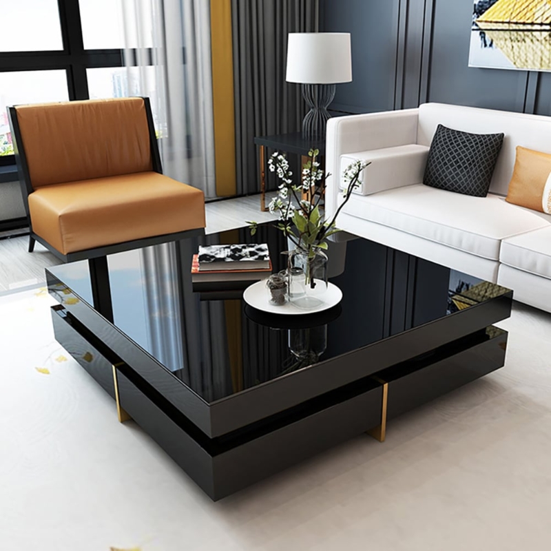Coffee Table Tempered Glass Top Glossy Black Gold Accents Storage