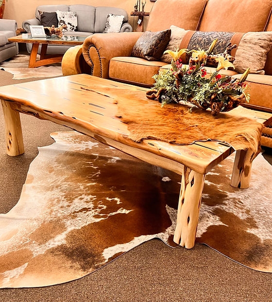 Coffee Table: Thick Live Edge Cedar Slab on Log Legs