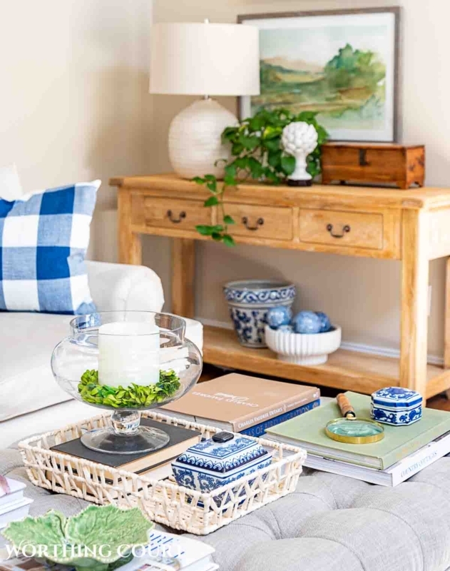 Coffee Table Tray Whitewashed Woven Rattan Coastal Living Room Vignette