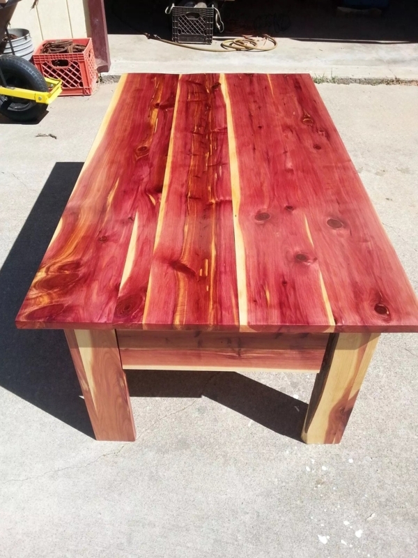 Coffee Table: Vibrant Ruby Red Cedar Grain Slab Top