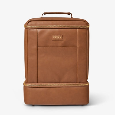 Cognac Leather Cooler Backpack with Dual Compartments and Gold Hardware