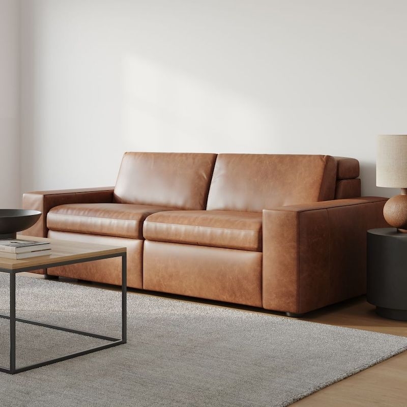 Cognac Leather-Like Low Profile Reclining Sofa Track Arms