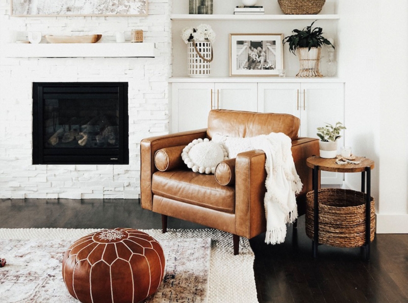 Cognac Leather Pouf with White Contrast Stitching Detail