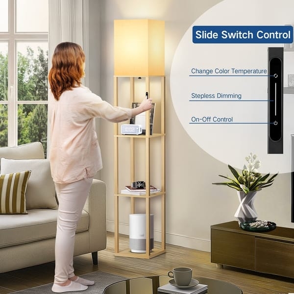 Column Floor Lamp Light Wood Integrated Shelves Stepless Dimming