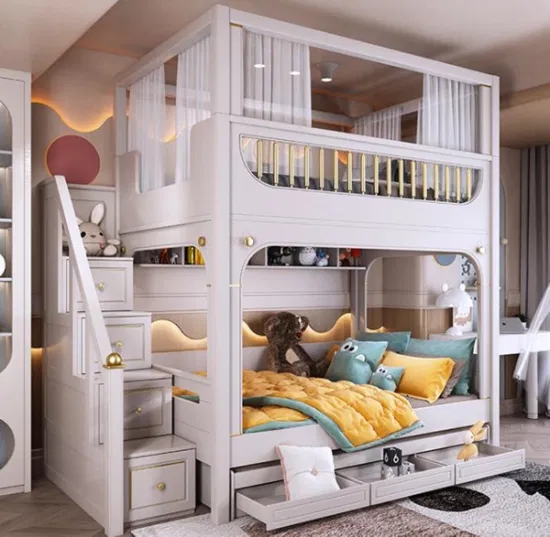 Combined Bunk Bed Luxury Cream White Gold Accent Railing Stairs