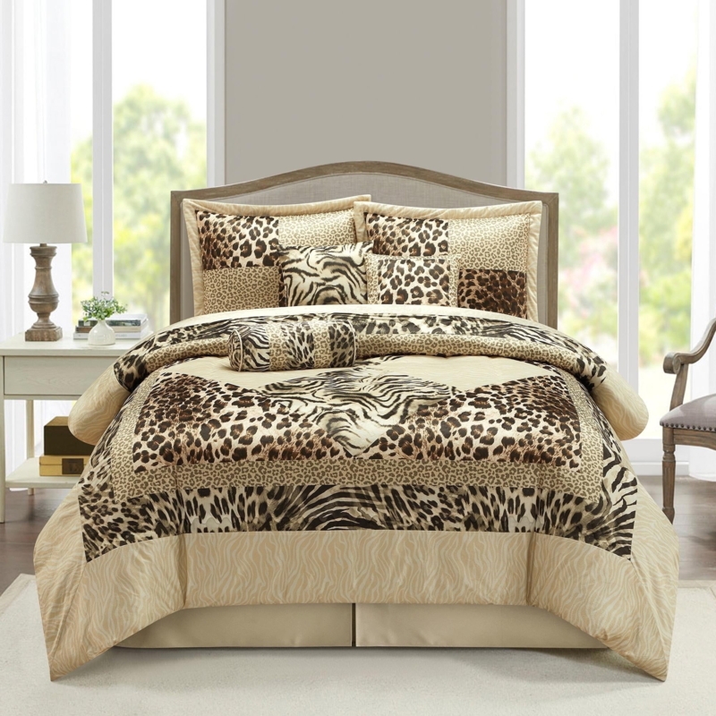 Comforter Set 7 Piece Ensemble with Mixed Animal Prints in Gold