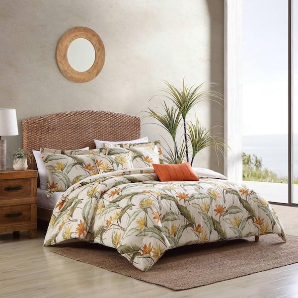Comforter Set Birds of Paradise Print, Woven Rattan, Tropical Bedding