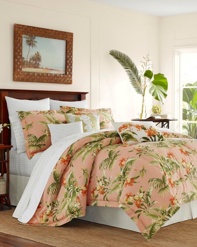 Comforter Set Cantaloupe Colorway, Botanical Palm Print, Island Aesthetic