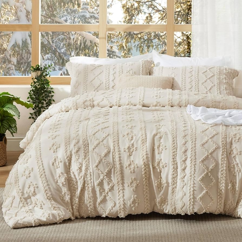 Comforter Set Geometric Pattern Warm Beige Tufted Bedding