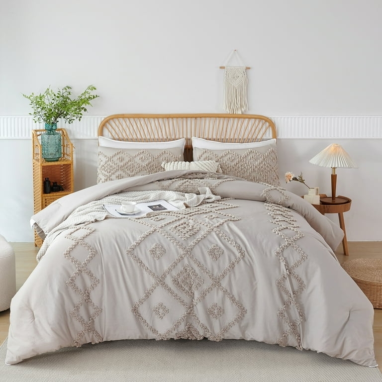 Comforter Set Pom Pom Fringe Neutral Grey Tufted Geometric Bedding