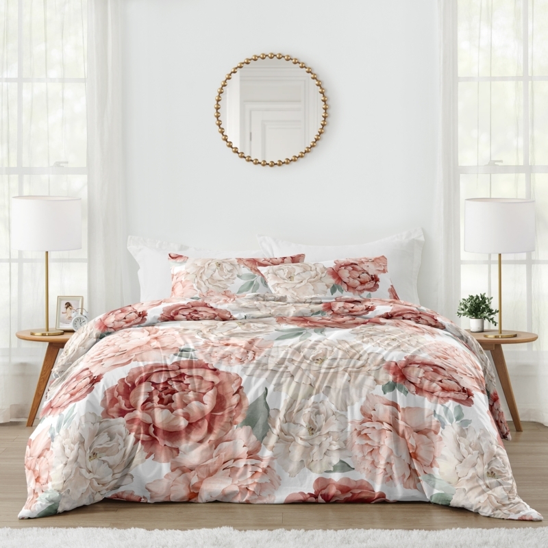 Comforter Set Watercolor Floral Dusty Rose Peonies Garden Bedding