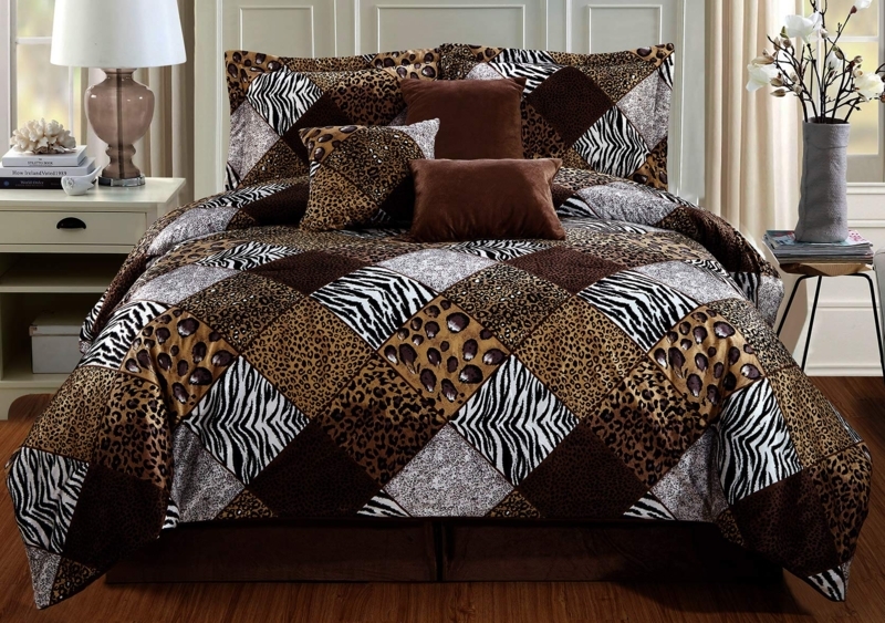 Comforter Set with Animal Print Patchwork and Velvet Accent Pillows