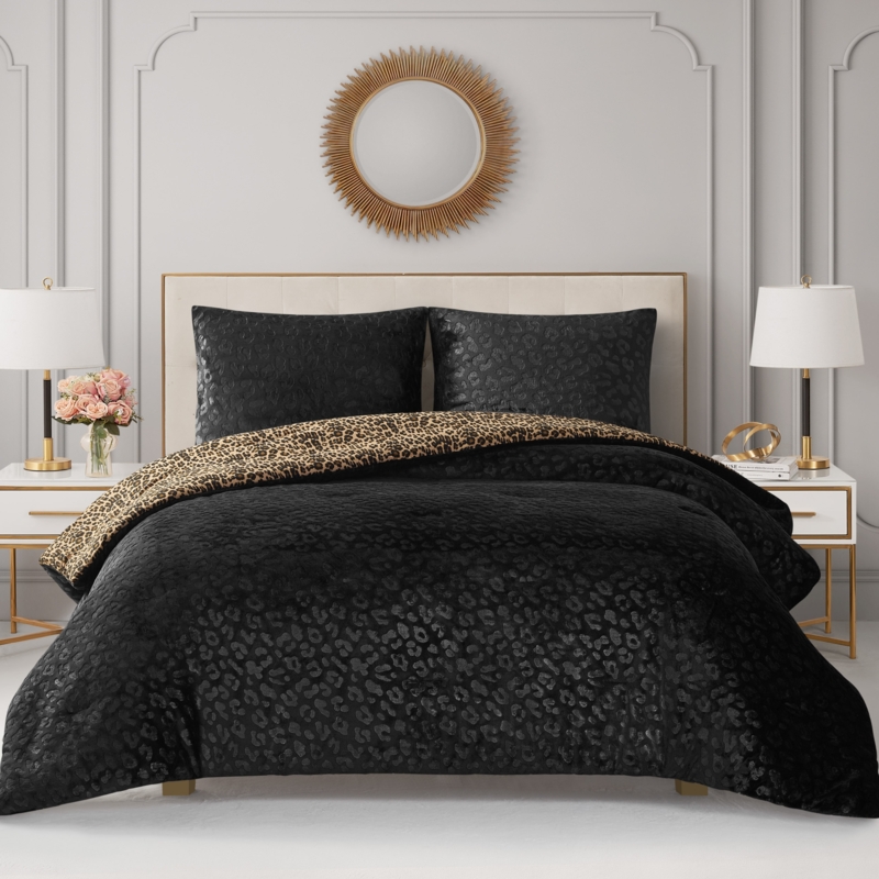 Comforter Set with Embossed Black Texture for Glam Bedroom Decor