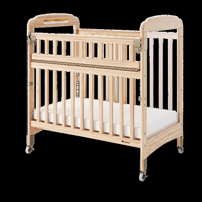 Compact Baby Crib, Natural Wood with Drop Side Rail feature