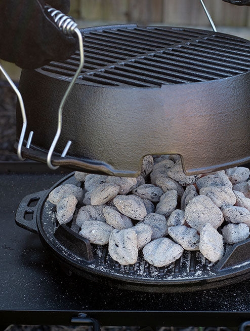 Compact Charcoal Grill Seasoned Cast Iron Circular with Notched Base