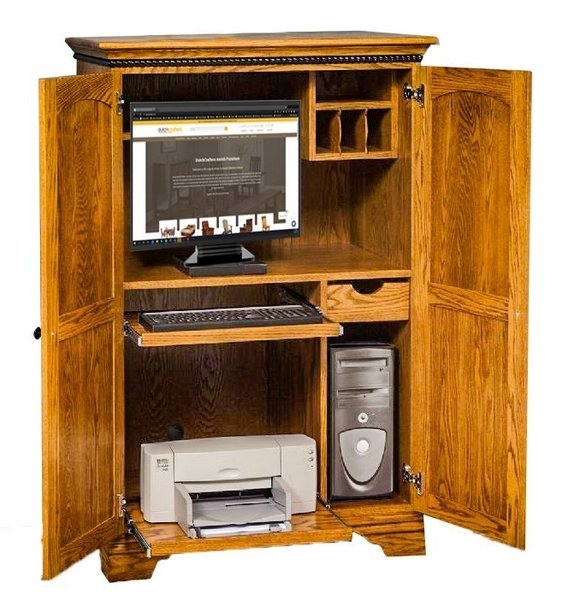Compact Computer Armoire with Petite Footprint and Arched Doors